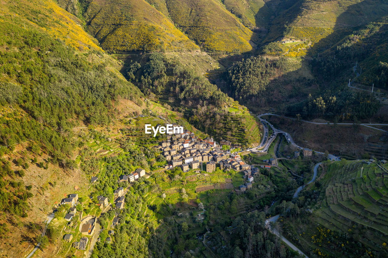 Piodao aerial drone view of schist shale village in serra da estrela, portugal