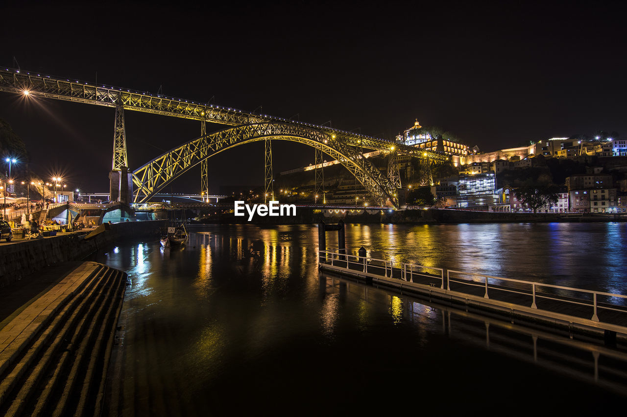 SUSPENSION BRIDGE OVER RIVER AT NIGHT