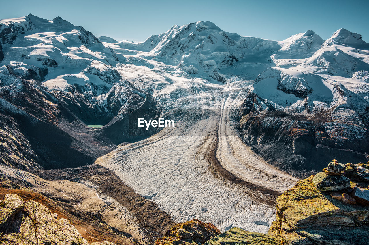 Panoramic view of the gorner glacier and monte rosa mountain range in switzerland .