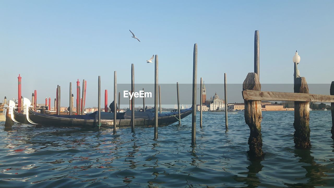 Gondolas moored by wooden posts in sea against clear sky