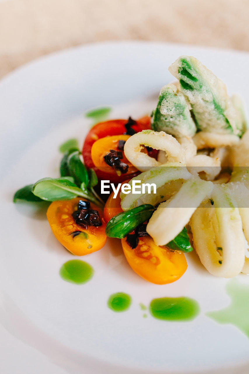 Close-up of calamari in plate
