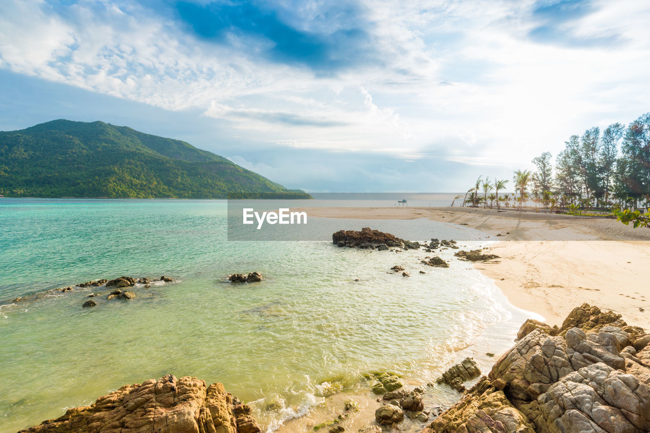 SCENIC VIEW OF SEA SHORE AGAINST SKY