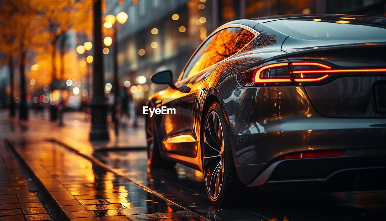 close-up of car on city street at night