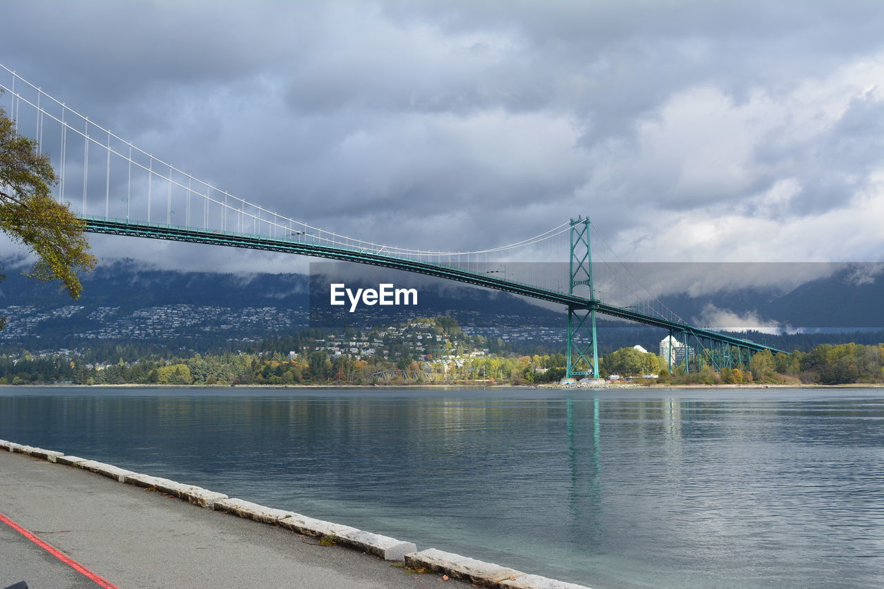 Suspension bridge over river against sky