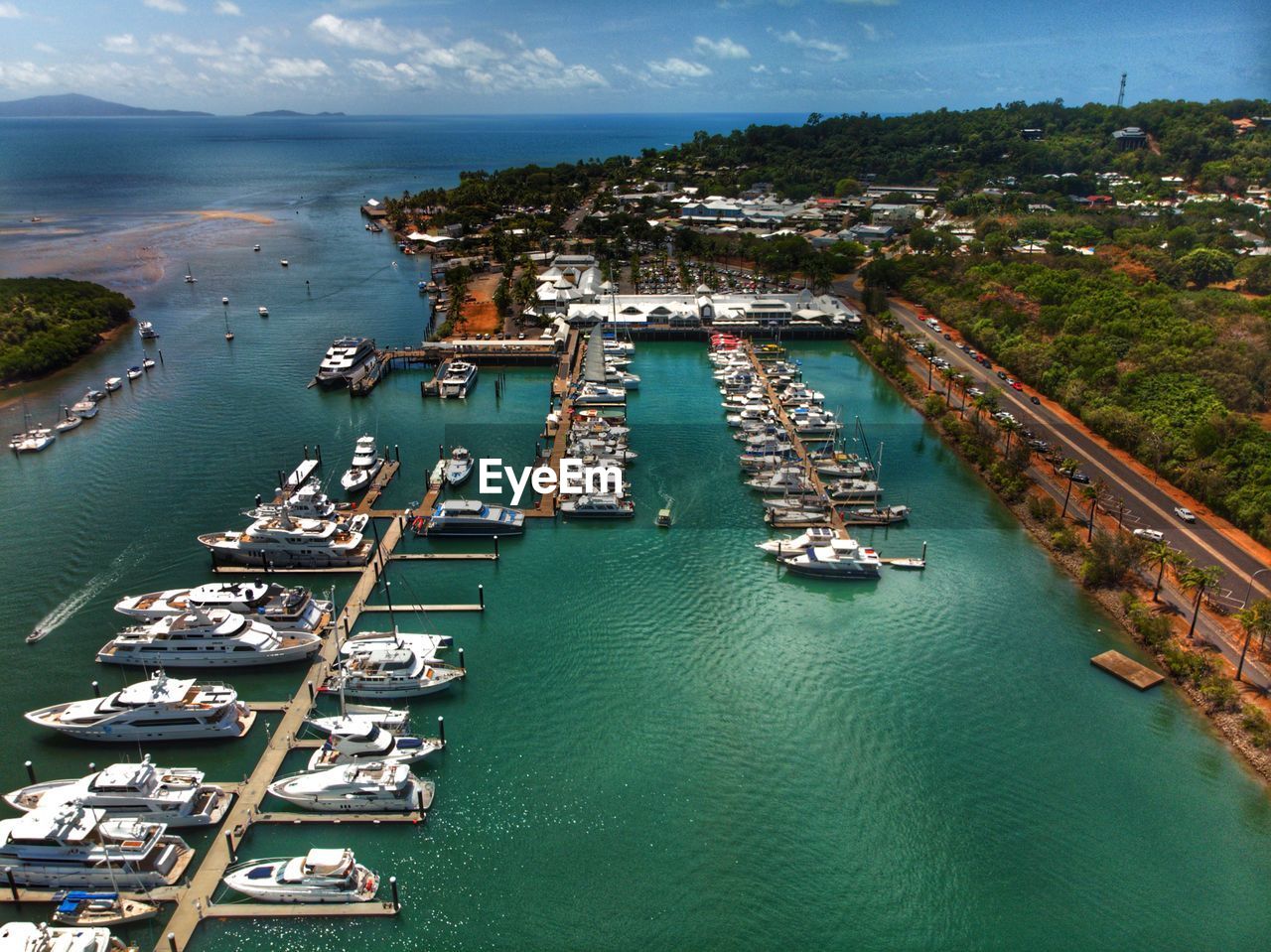 High angle view of boats in sea port marina