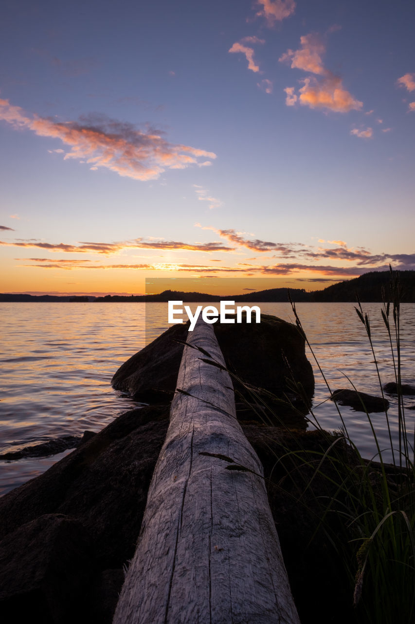 A lone tree trunk pointing to a sunset-lit horizon over a lake. ideal for inspirational designs.