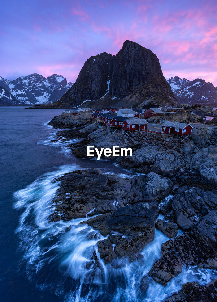 Scenic view of hamnoy, a small fishing village in moskenes municipality in nordland county, norway