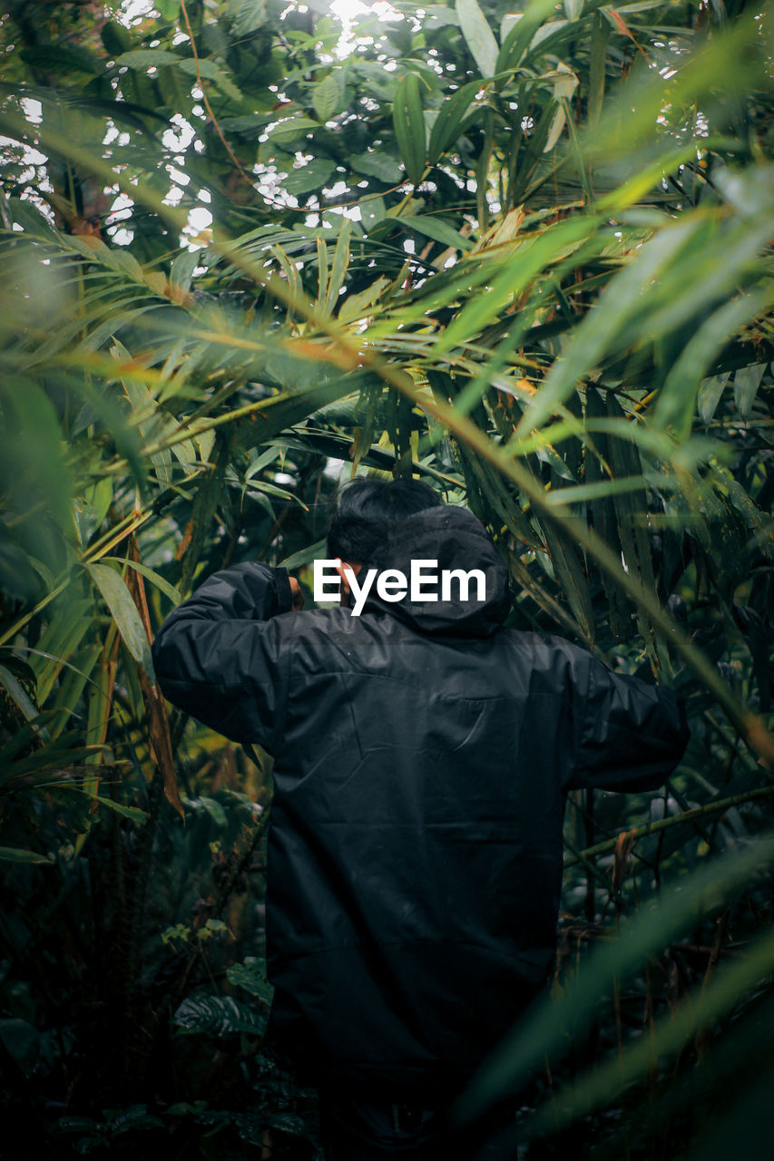 REAR VIEW OF MAN STANDING BY PLANTS