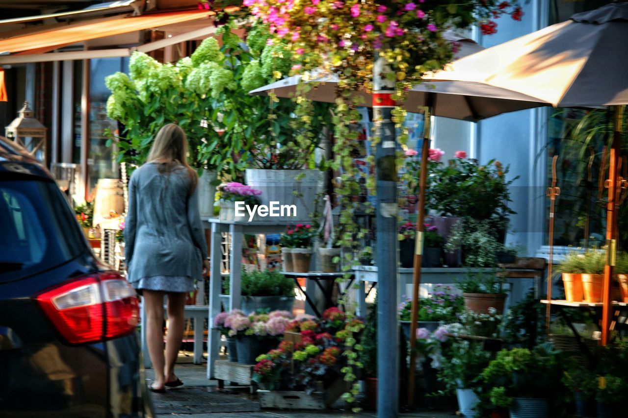 Rear view of woman walking at flower market