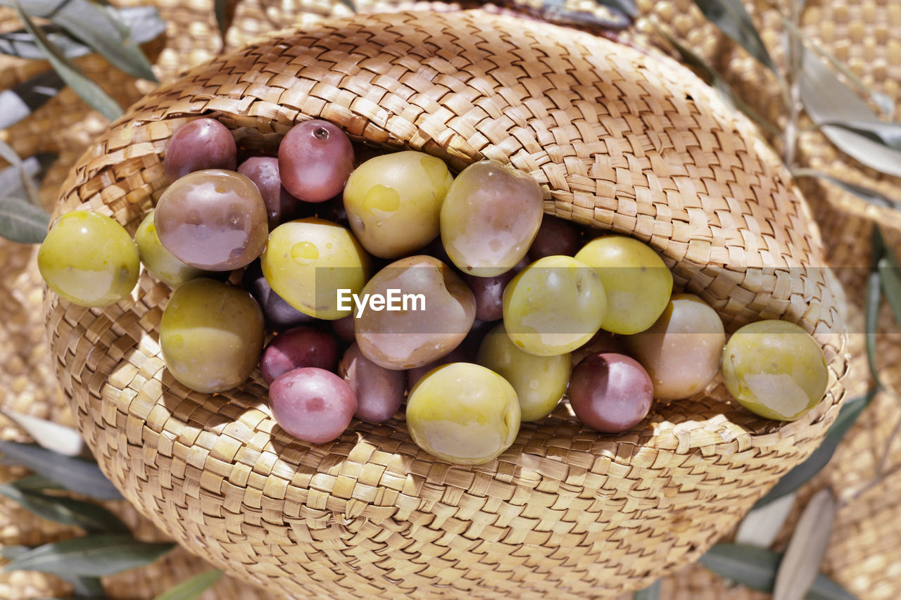 Black and green olives
 on straw hat