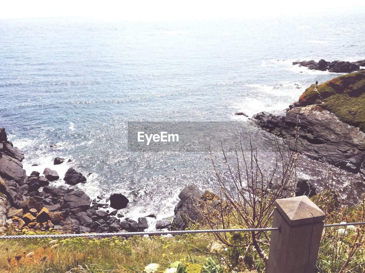 HIGH ANGLE VIEW OF SEA BY ROCKS AGAINST SKY