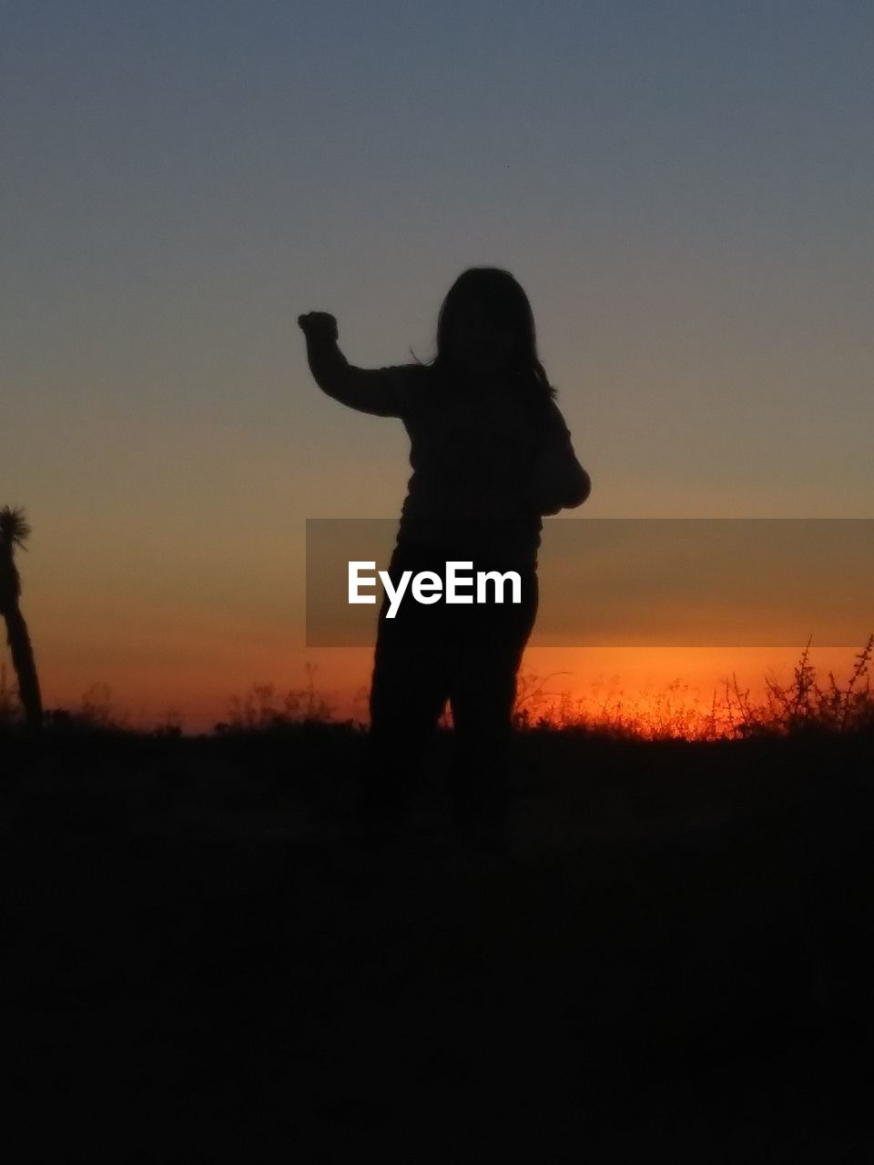 SILHOUETTE MAN STANDING ON FIELD AGAINST ORANGE SKY