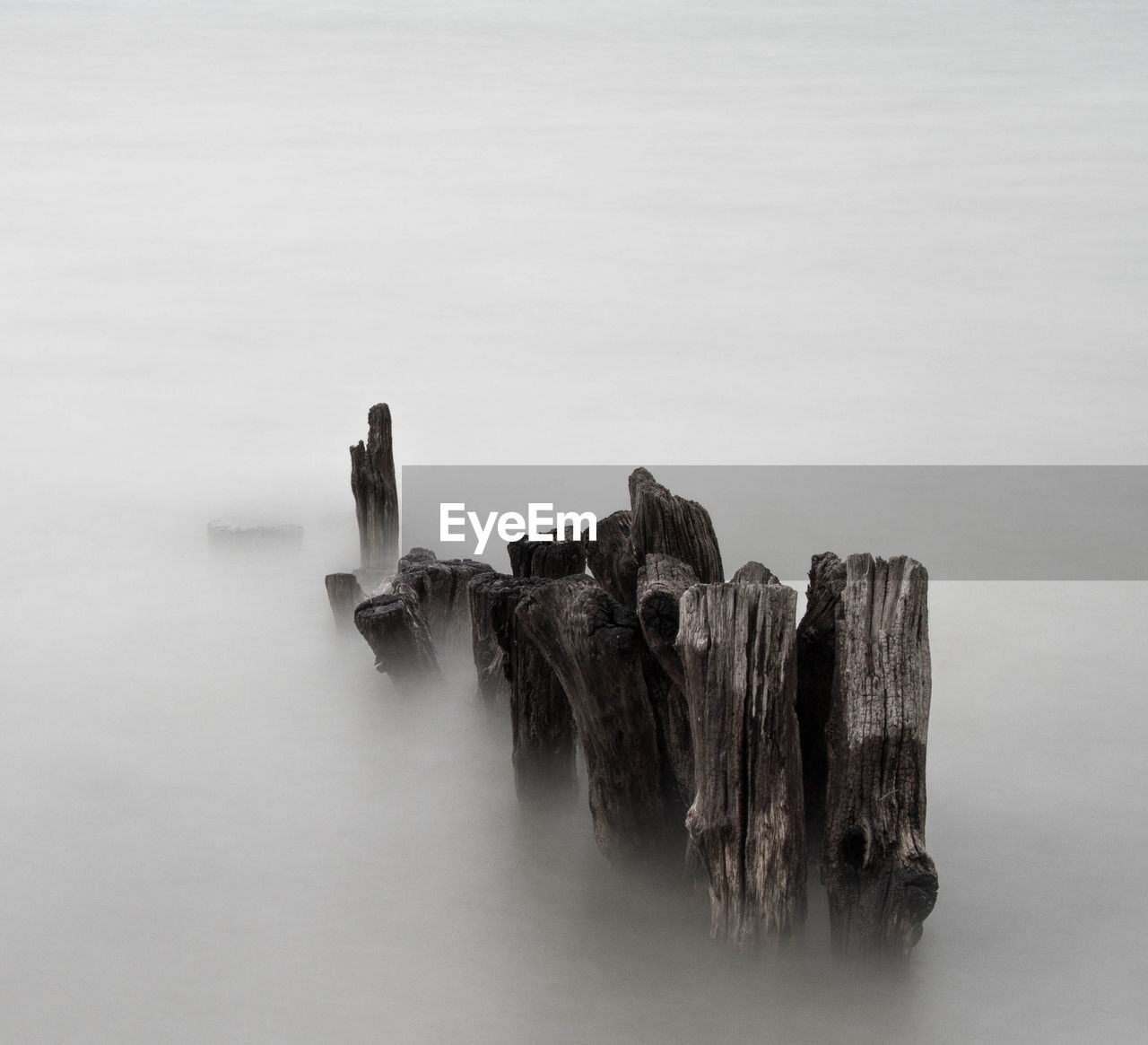 Wooden posts in sea during foggy weather