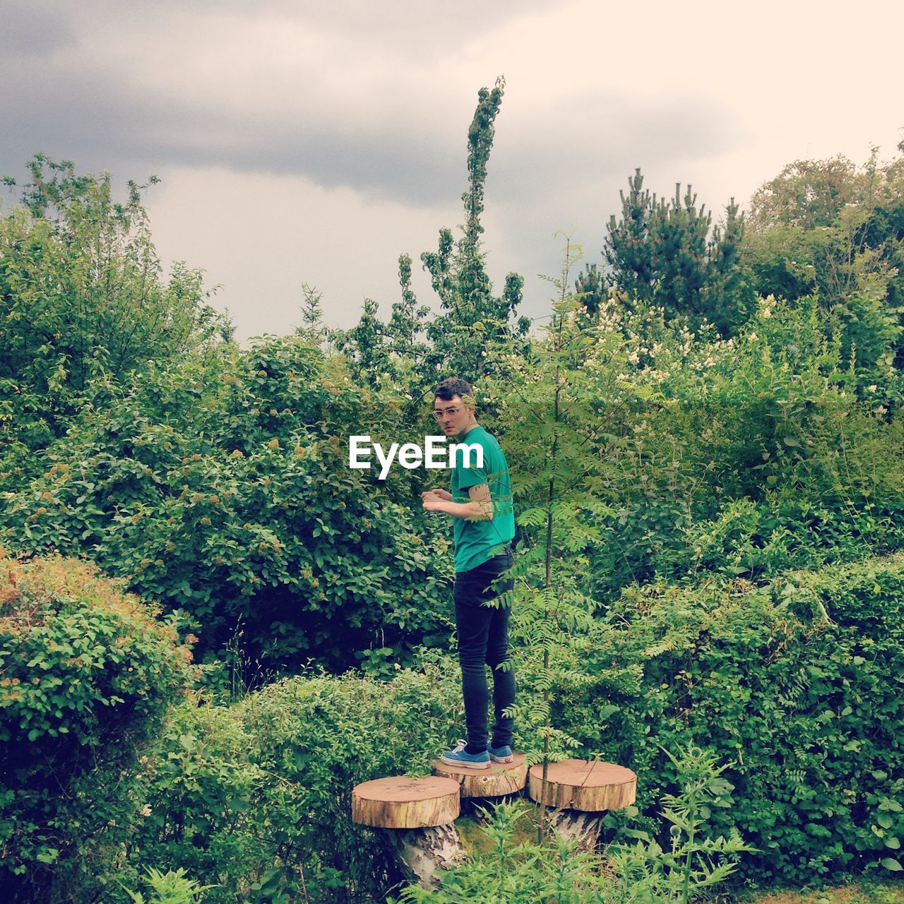 Full length of man standing on tree stump at forest