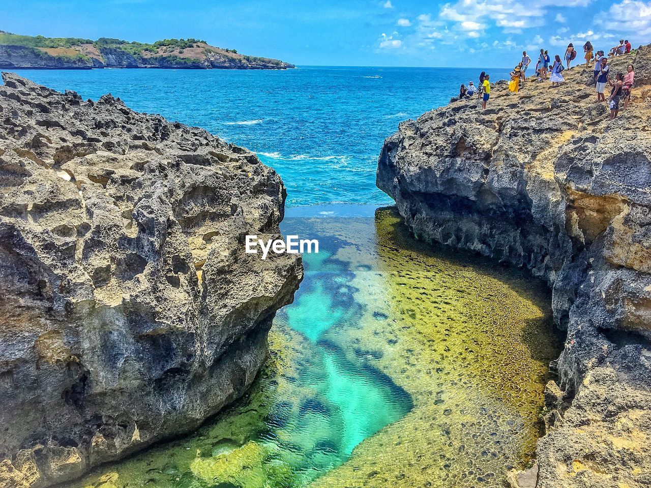 Panoramic view of rocks on beach against sky