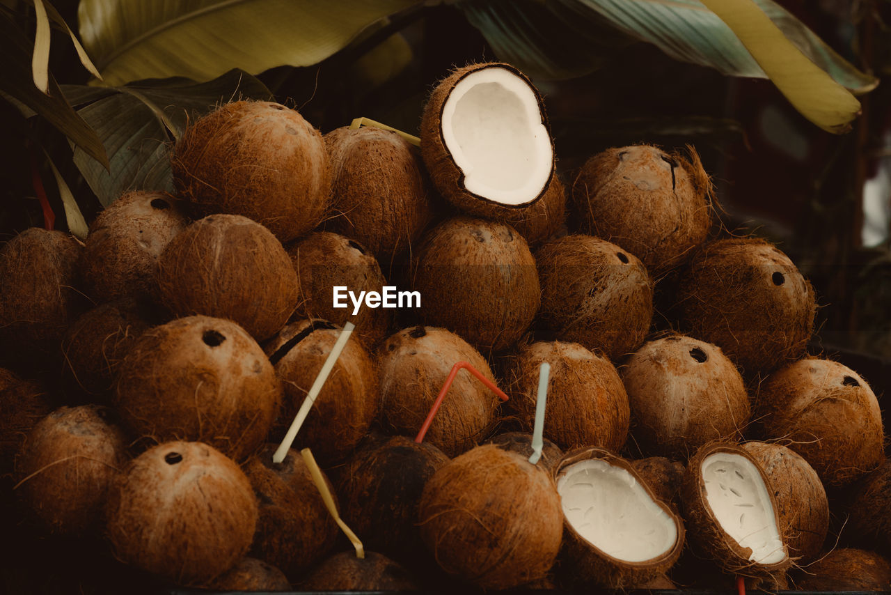 Close-up of coconuts for sale in market