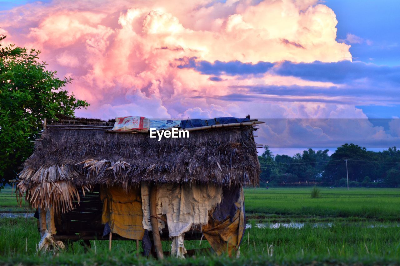 HOUSES ON FIELD AGAINST SKY