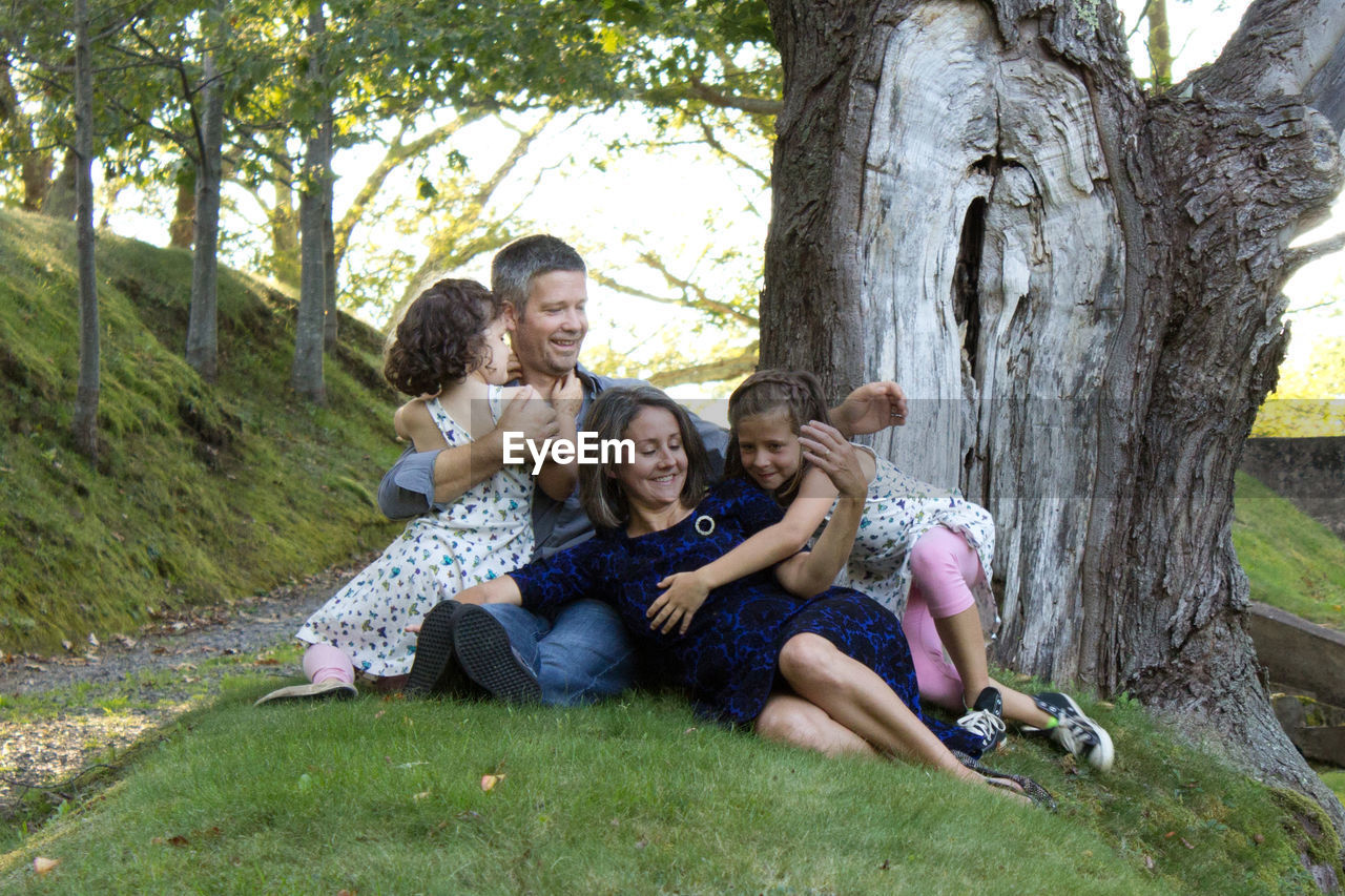 Portrait of smiling young couple sitting on tree