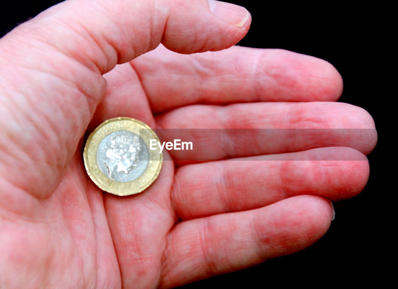 hand, finance, coin, currency, wealth, money, one person, business, holding, finger, close-up, studio shot, savings, black background, cash, palm, investment