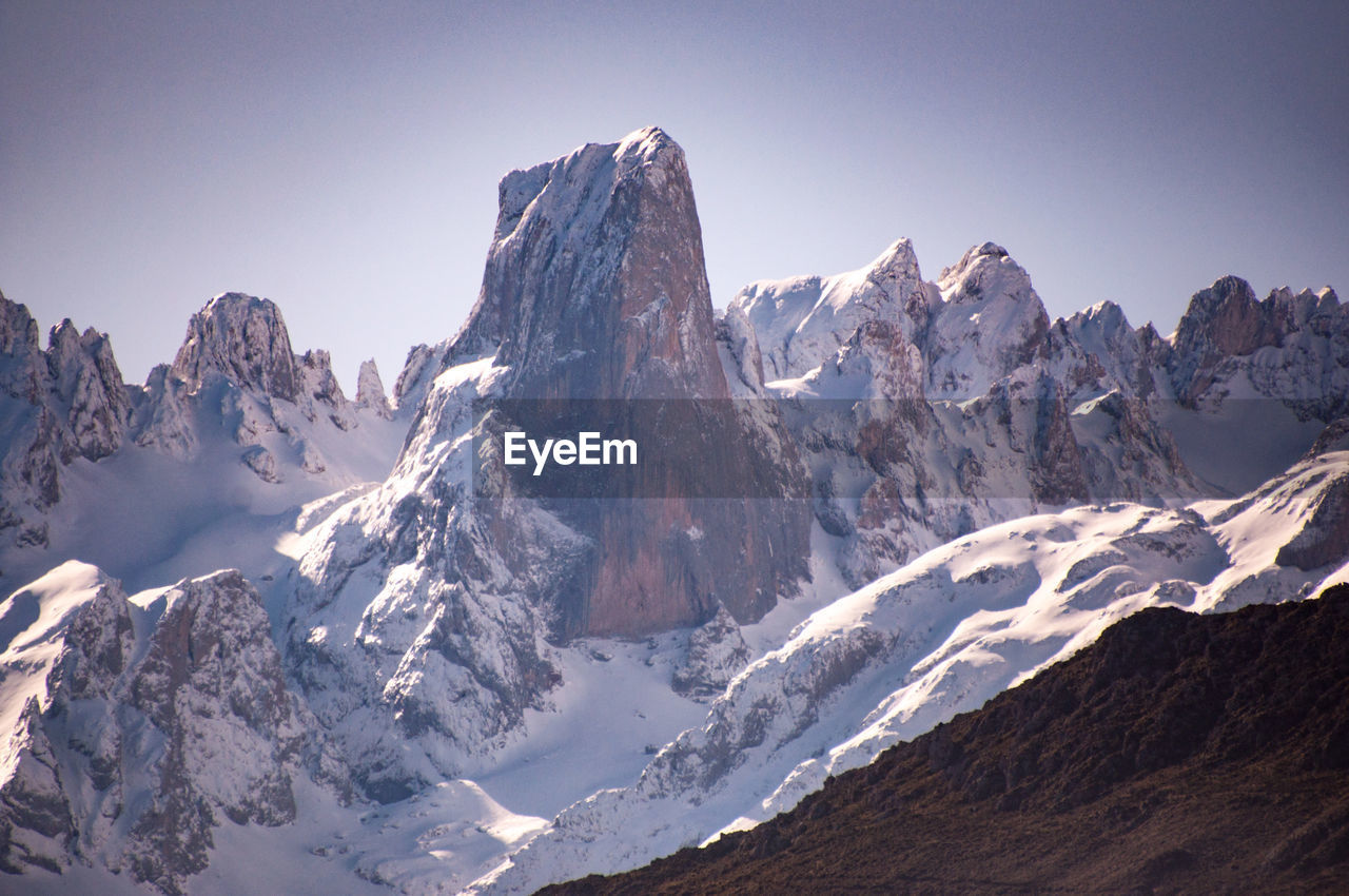 Scenic view of snowcapped mountains against clear sky