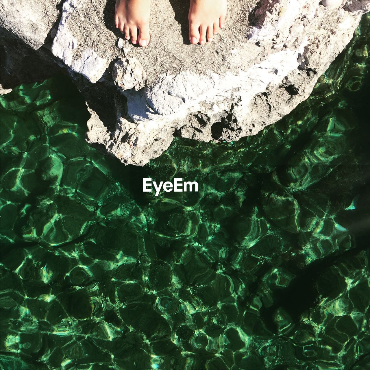 Low section of person standing on rock by sea