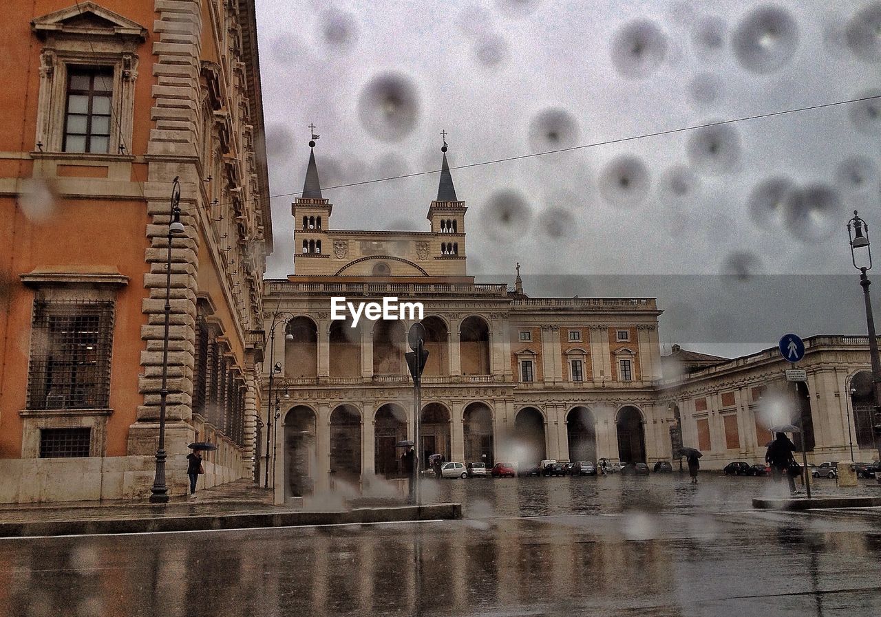 City buildings during rainy season