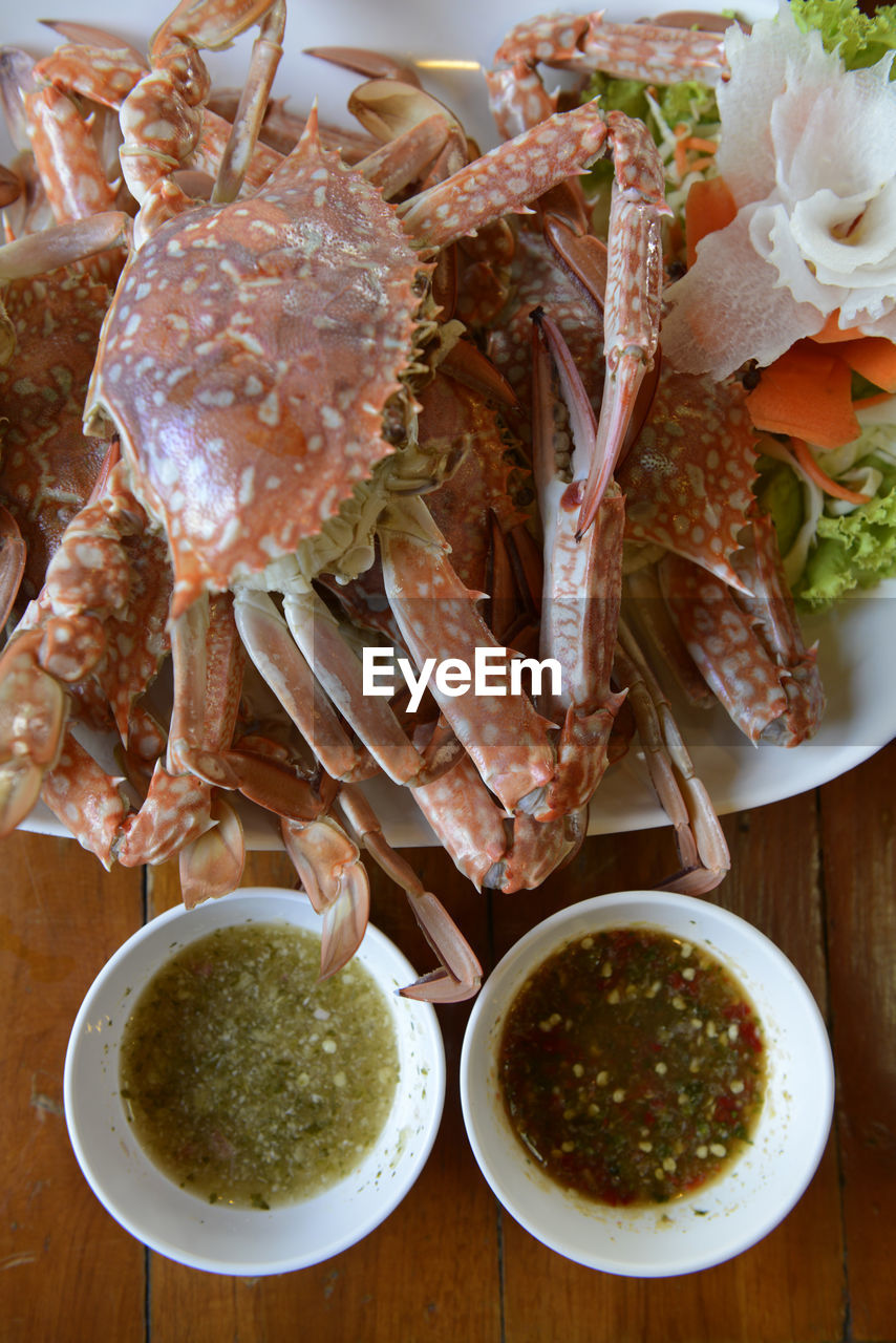 Close-up of crabs served in plate