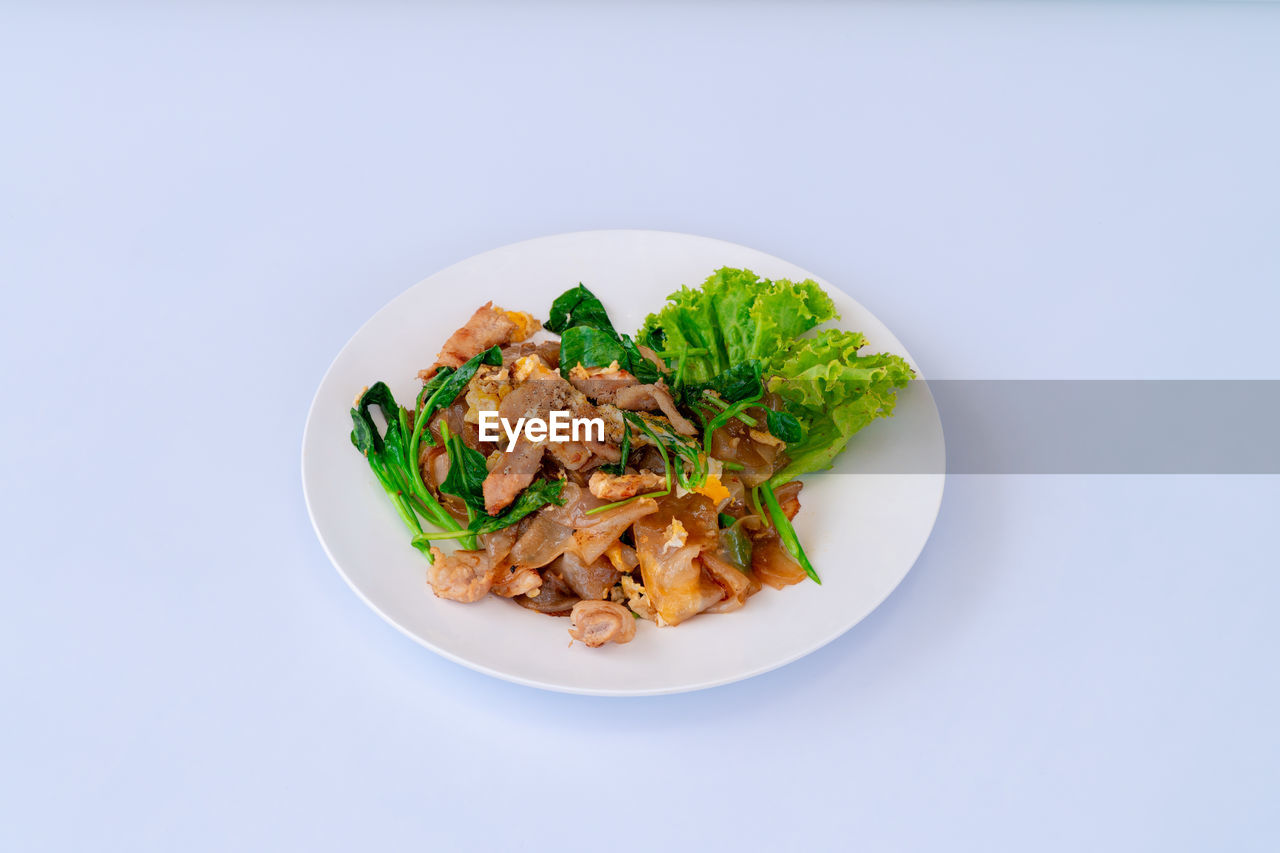 directly above shot of food in plate on white background