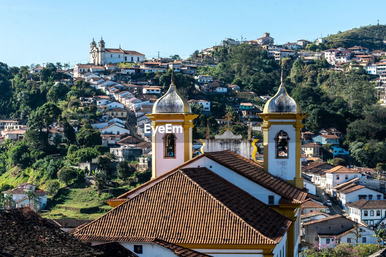 High angle view of townscape against sky in city