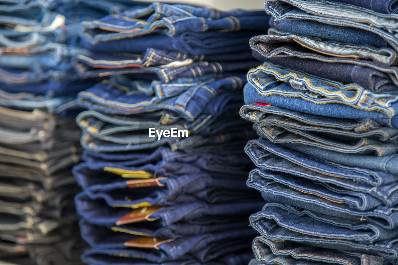 Full frame shot of stacked jeans