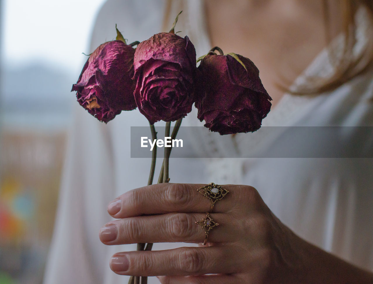 Close-up midsection of woman holding wilted roses