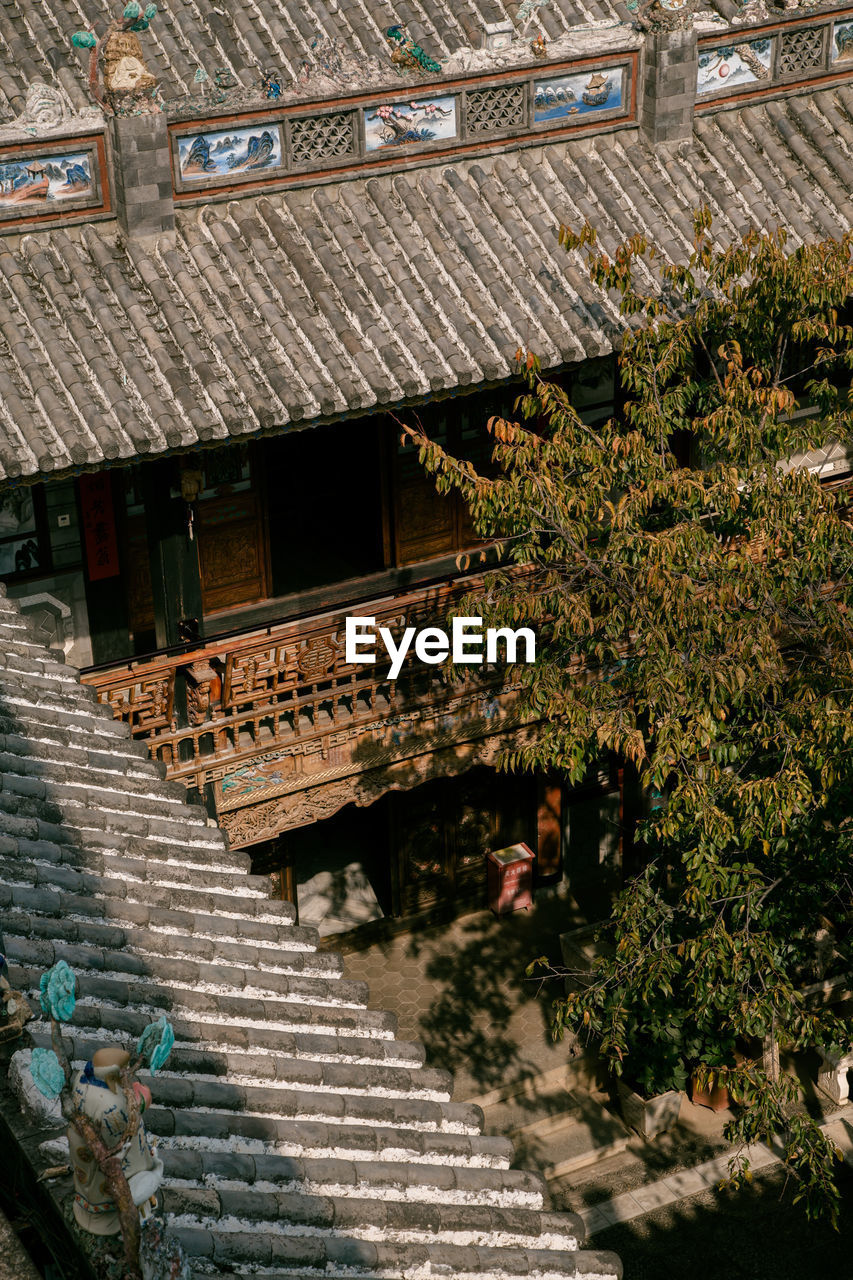 HIGH ANGLE VIEW OF STAIRCASE AMIDST BUILDINGS