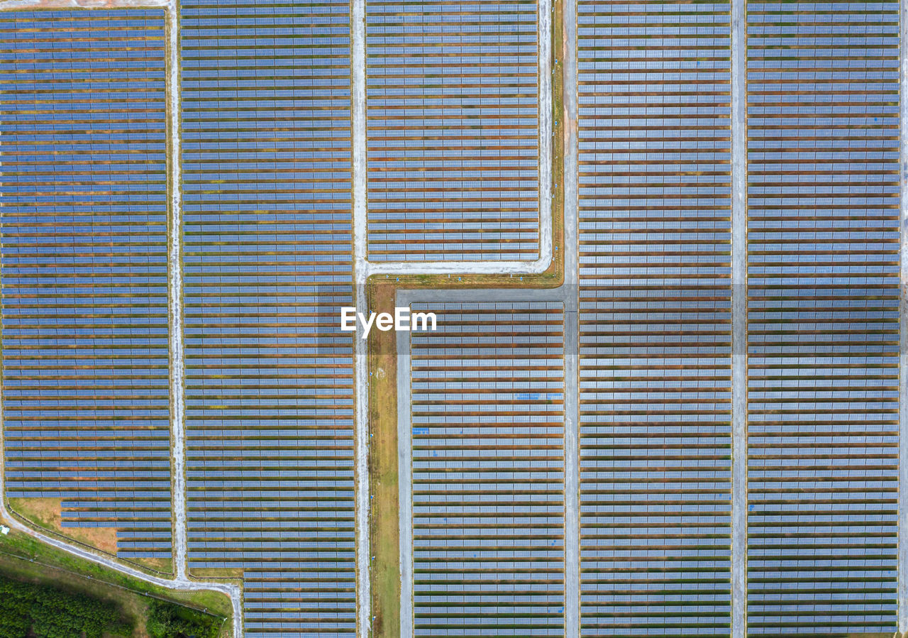 Solar panels in aerial view.