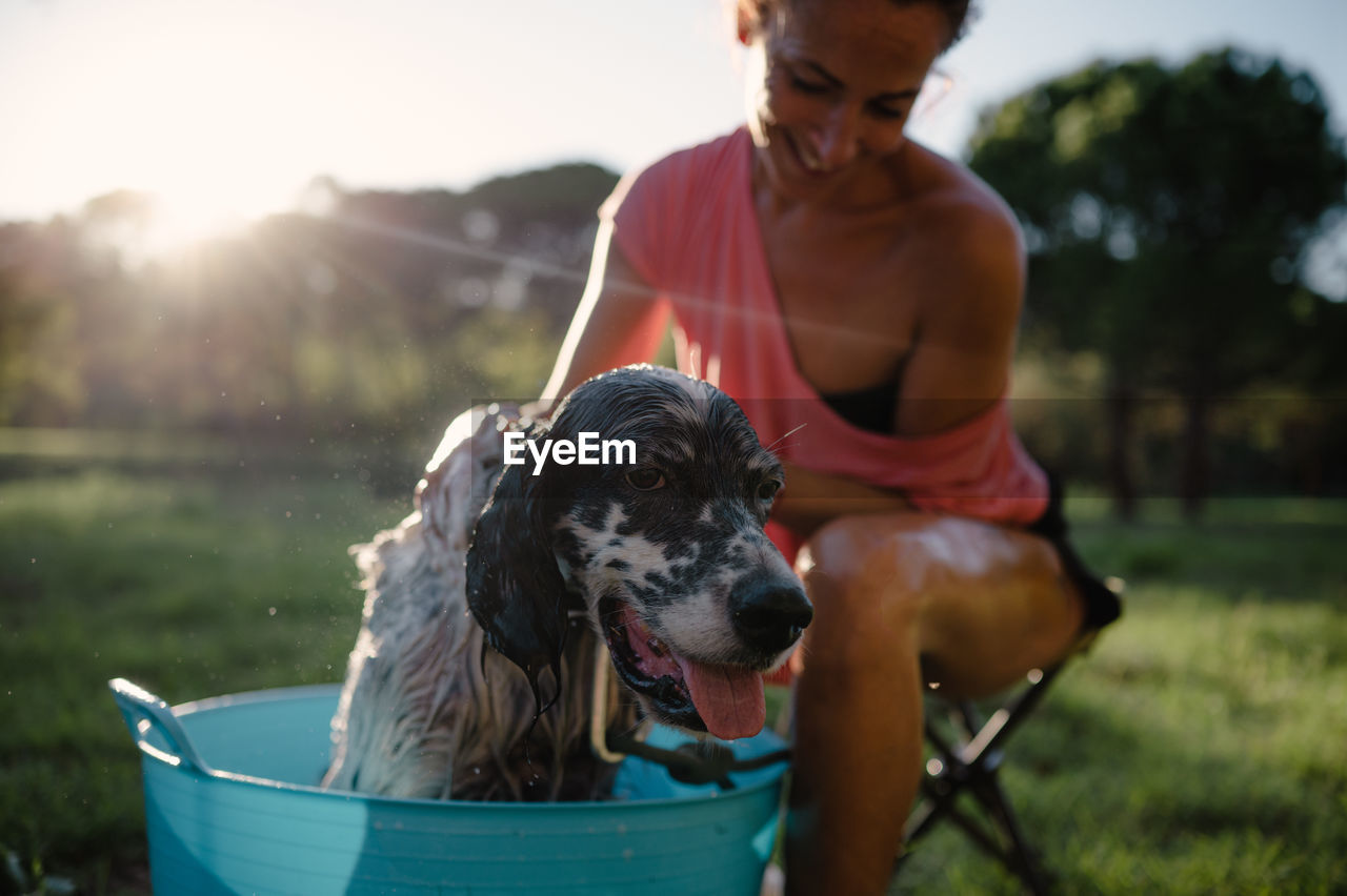 Middle-aged woman bathing her dog inside a basin in the garden on a sunny day. pet care concept.