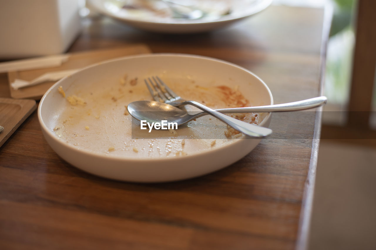 Spoon and fork are placed on an empty plate after eating. represents eating that is not thrown away 