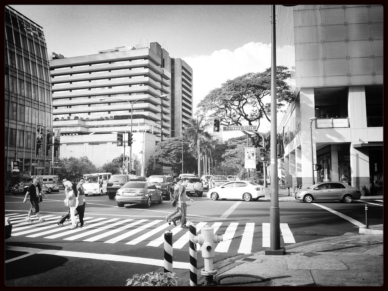 People walking on zebra crossing by buildings in city