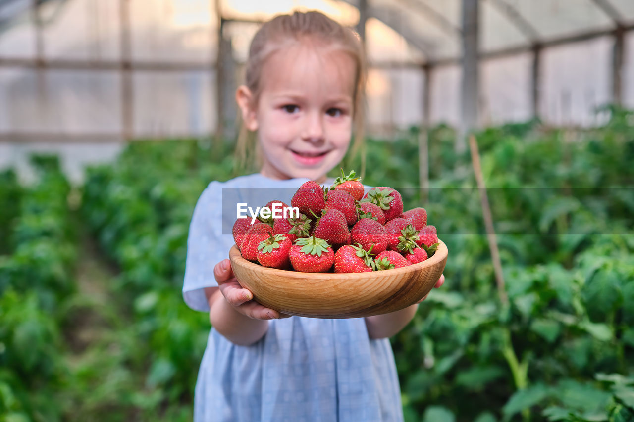 portrait of cute girl holding strawberries in greenhouse