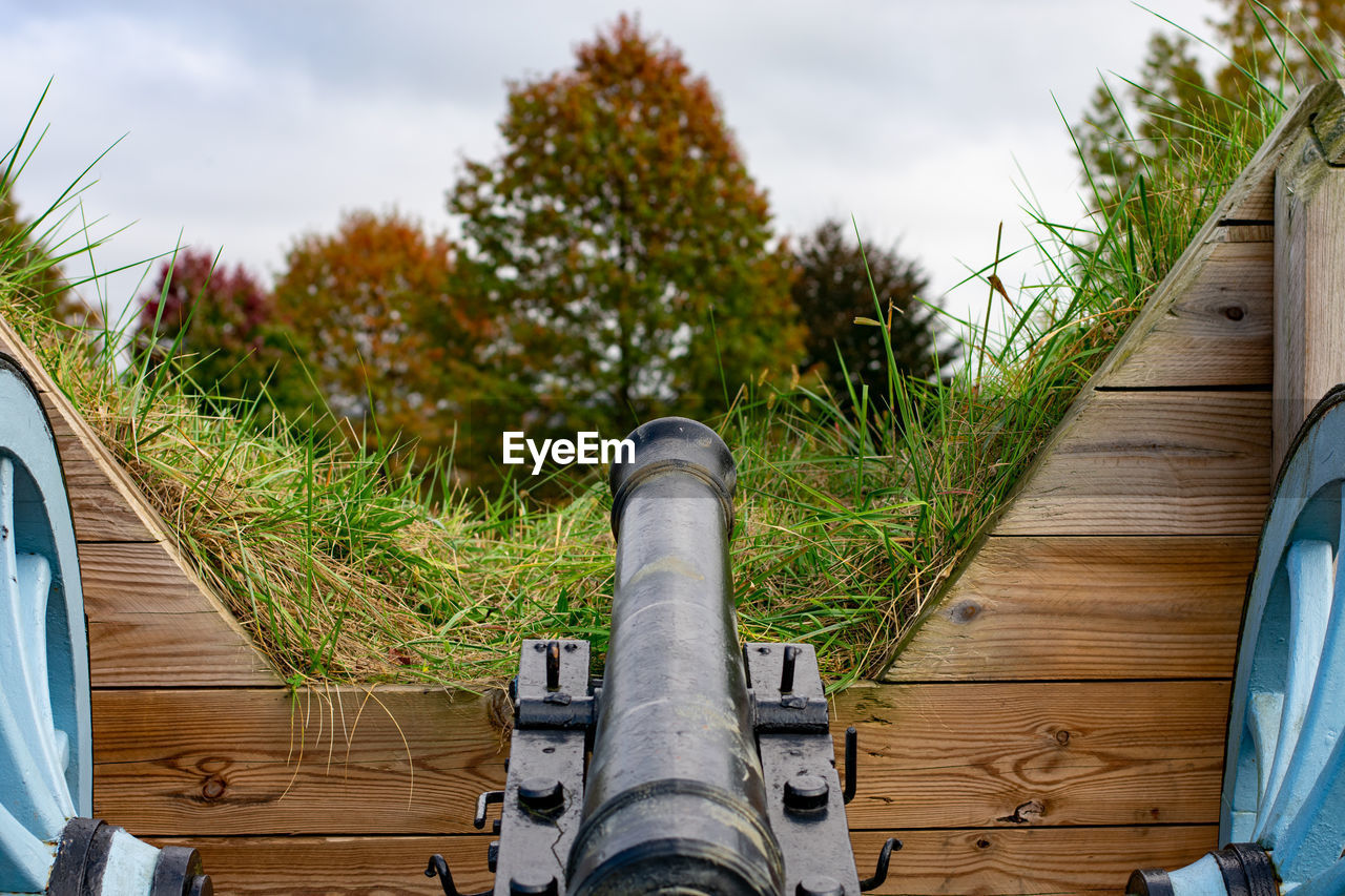 A revoluationay war era cannon looking out from general muhlenberg's brigade redoubt in valley forge