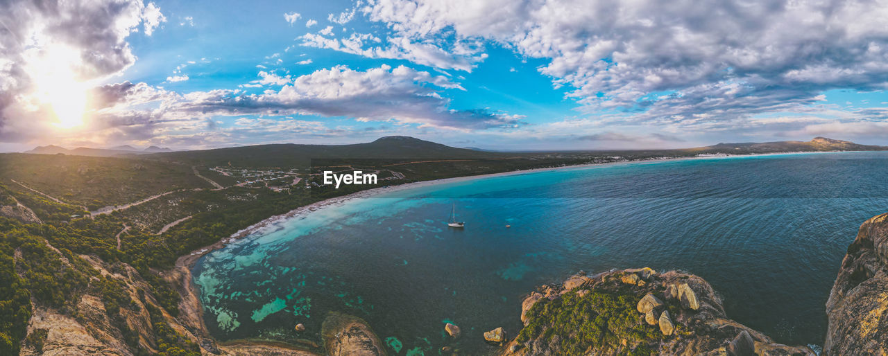 PANORAMIC VIEW OF SEA AND BAY AGAINST SKY
