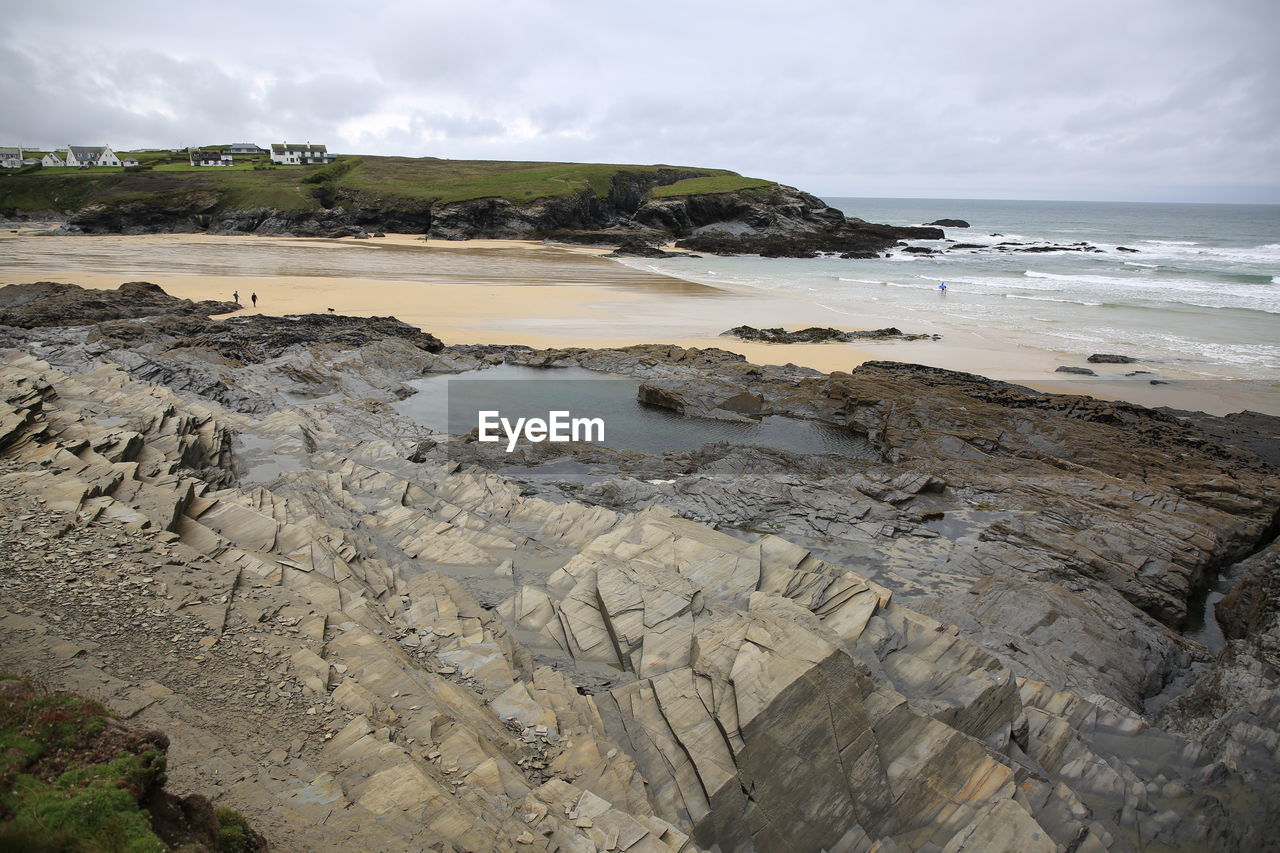 Scenic view of rocks on beach against sky