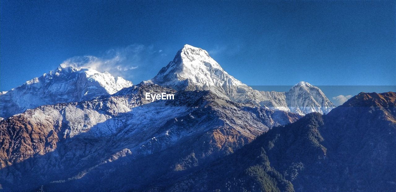 PANORAMIC VIEW OF SNOWCAPPED MOUNTAINS AGAINST BLUE SKY