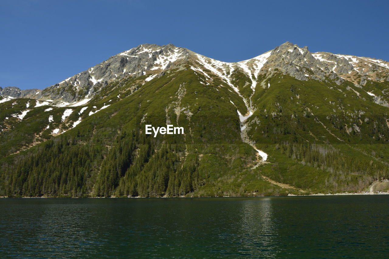 SCENIC VIEW OF SNOWCAPPED MOUNTAINS AND LAKE AGAINST CLEAR SKY