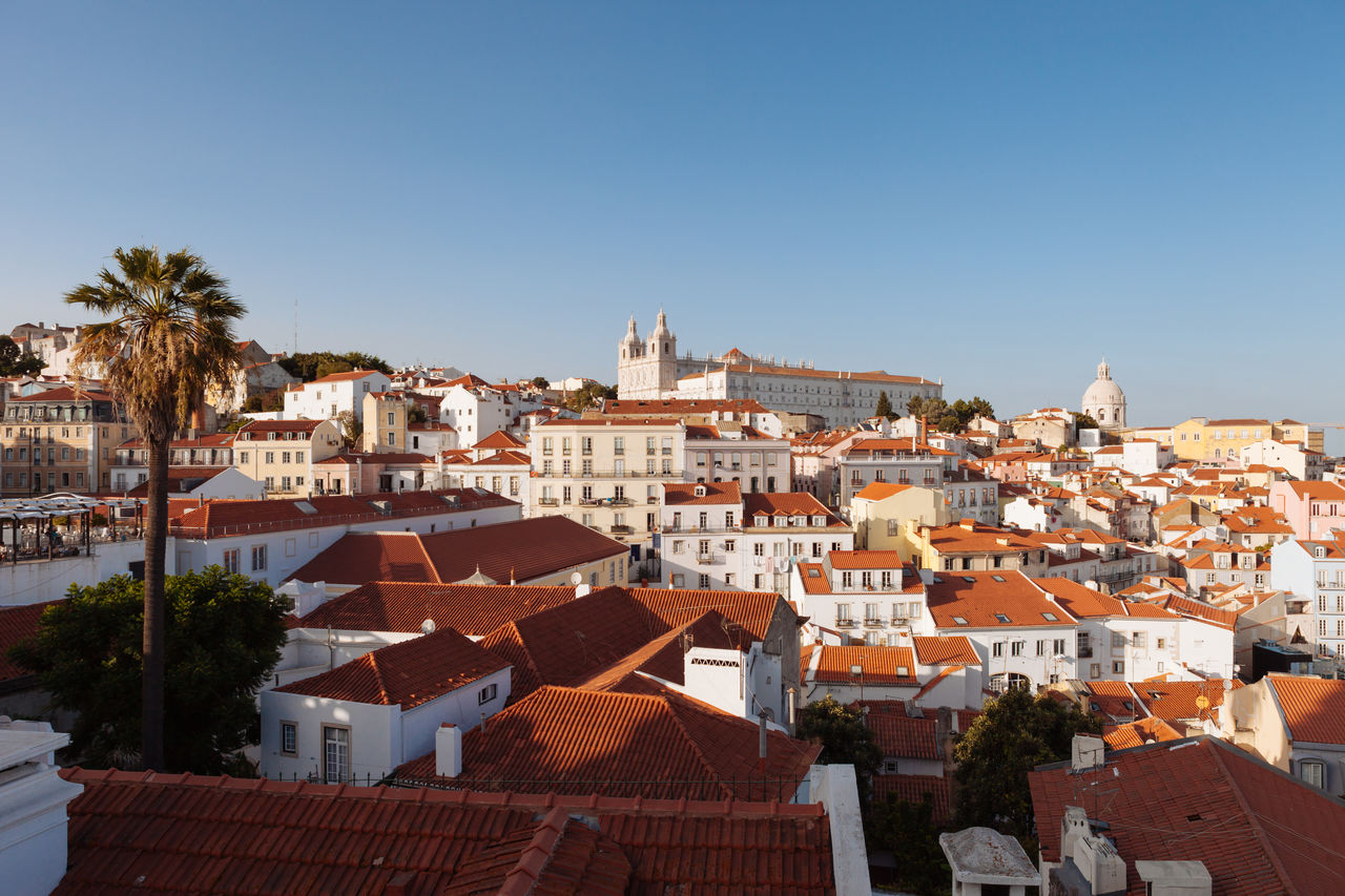 Houses in town against clear sky