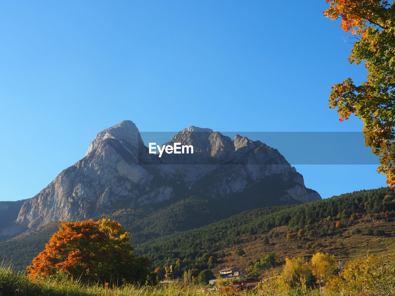 Scenic view of mountains against clear blue sky, pedraforca, autumn colours.