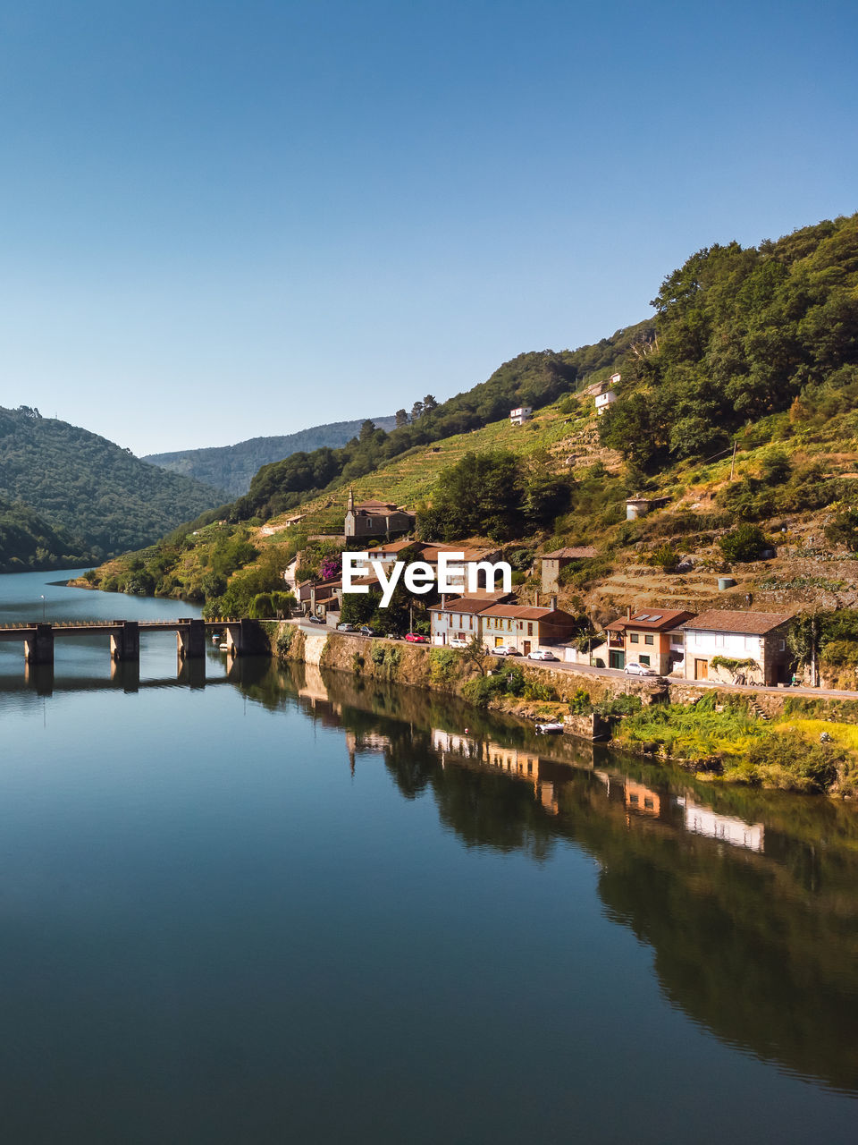 Aerial view drone of the port of belesar in ribeira sacra, galicia - spain