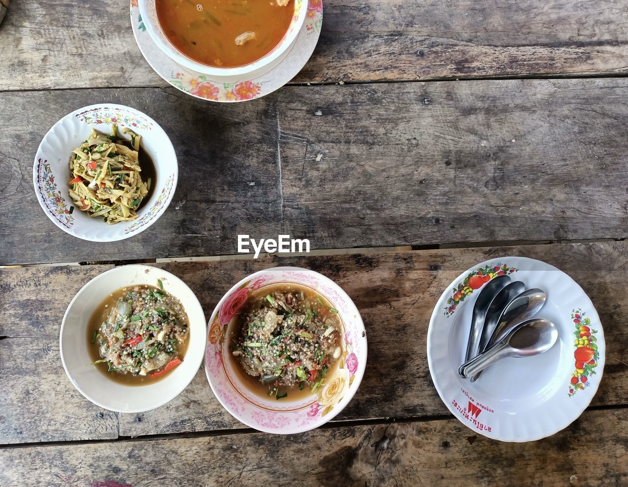 High angle view of meal served on table