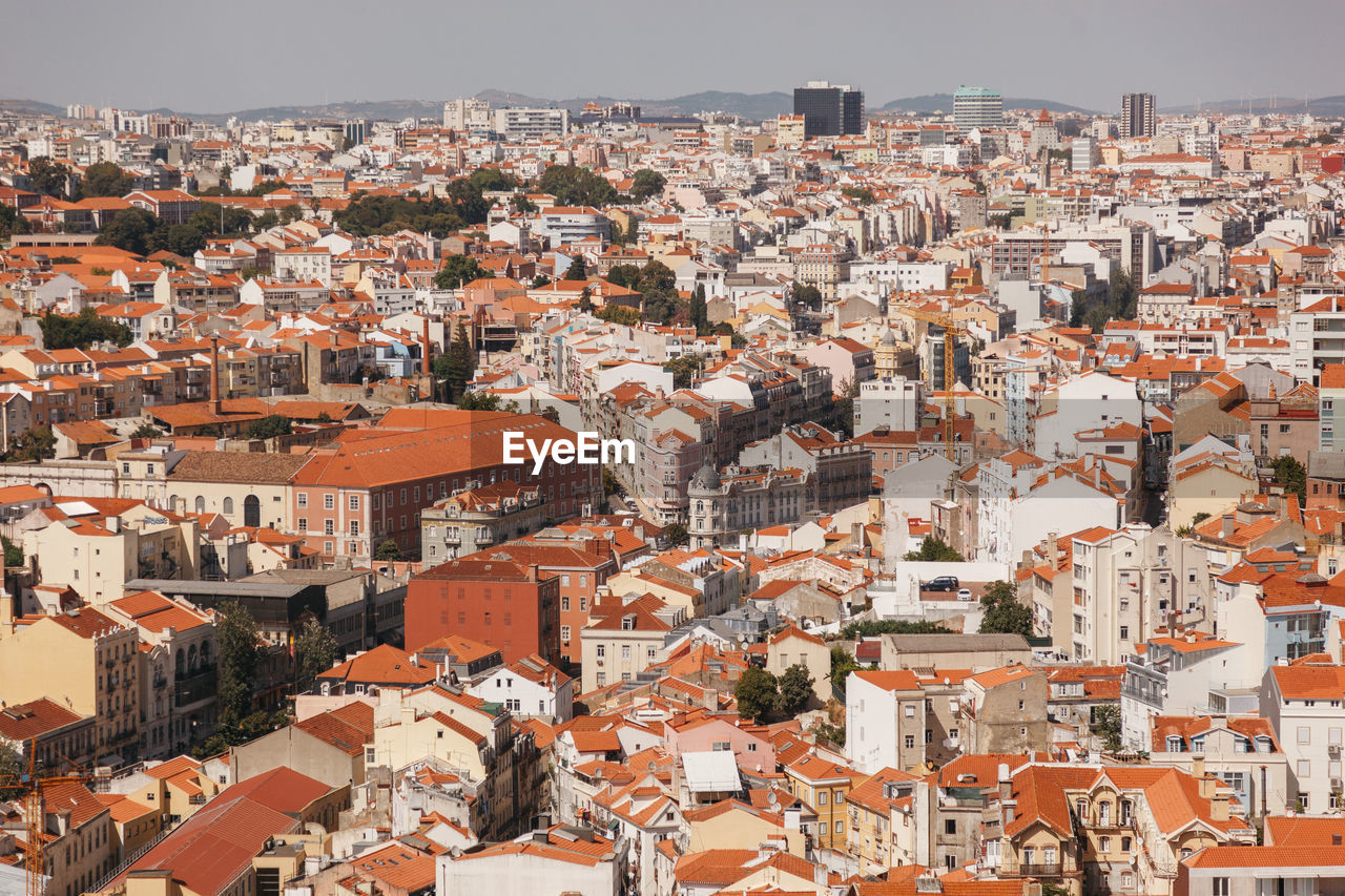 High angle view of lisbon city against sky