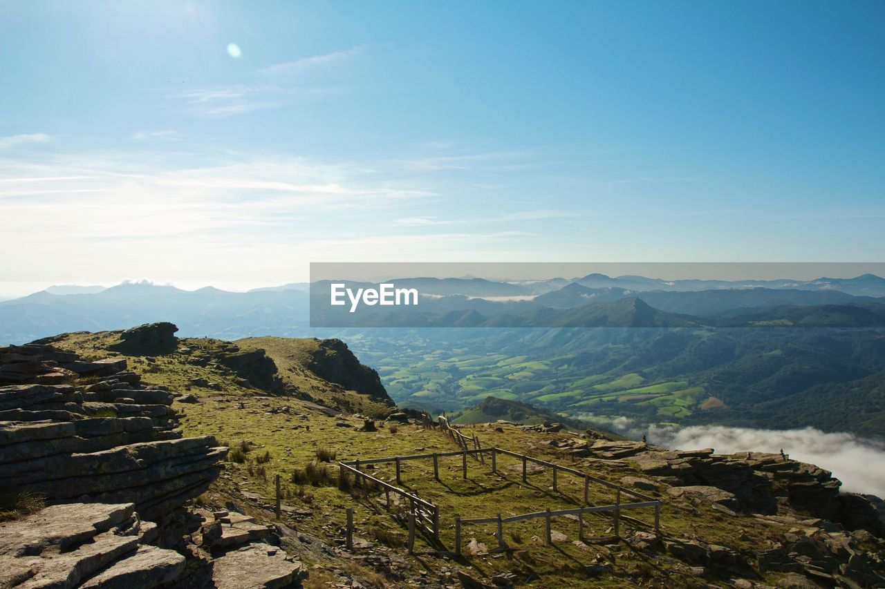 Scenic view of mountains against blue sky