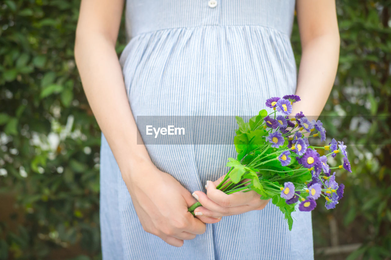 Midsection of pregnant woman holding artificial purple flowers at park