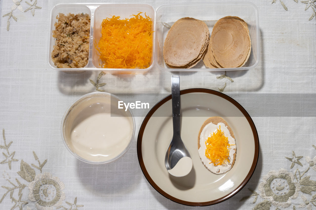 HIGH ANGLE VIEW OF BREAKFAST IN PLATE ON TABLE